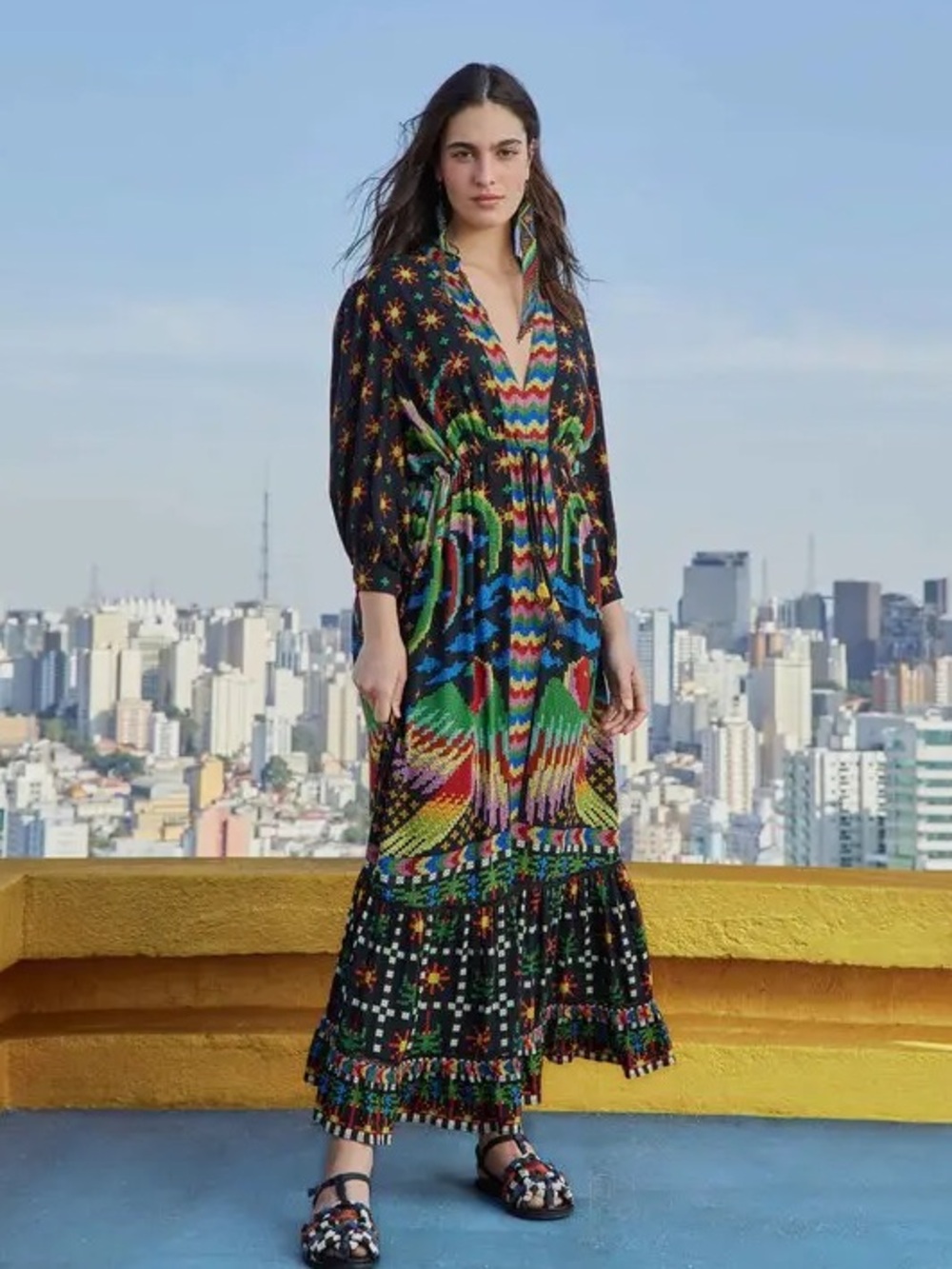 Farm Rio Black Macaw Night V Neck Maxi Dress Large Cotton Tropical Bird
